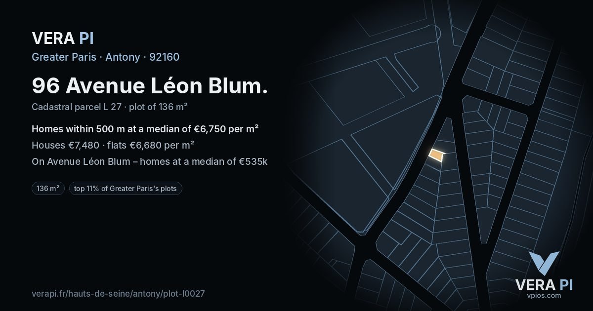 96 Avenue Léon Blum, Antony at night – the plot lit, the parcels around coloured by the prices near them