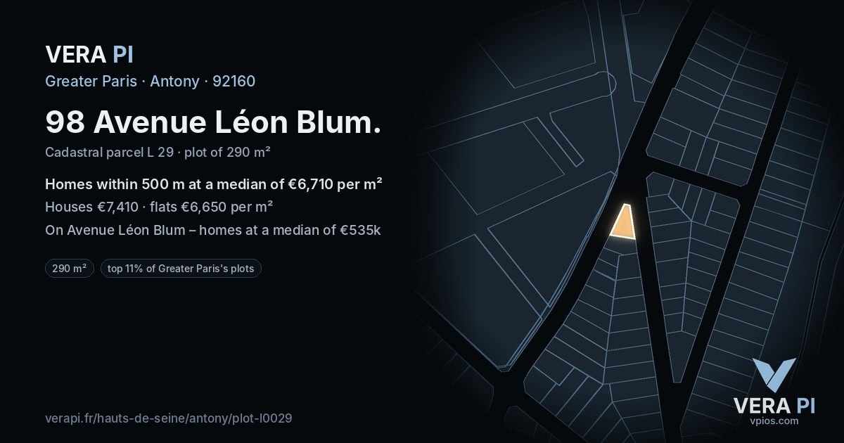 98 Avenue Léon Blum, Antony at night – the plot lit, the parcels around coloured by the prices near them