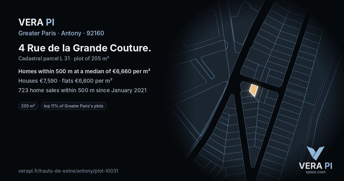 4 Rue de la Grande Couture, Antony at night – the plot lit, the parcels around coloured by the prices near them