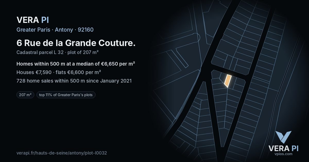 6 Rue de la Grande Couture, Antony at night – the plot lit, the parcels around coloured by the prices near them
