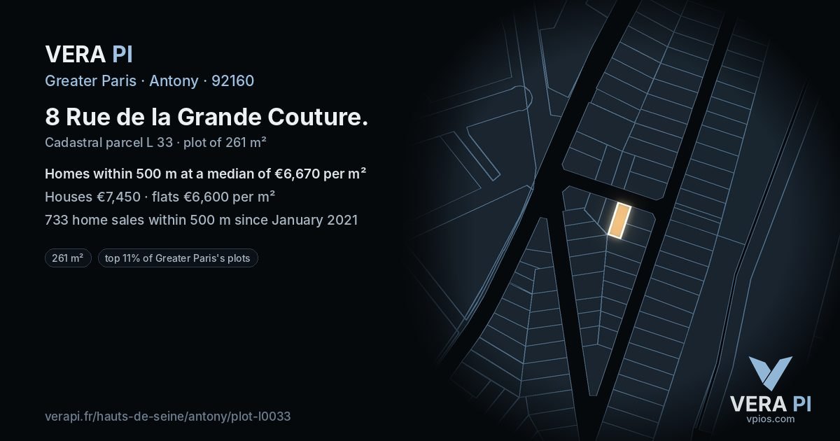 8 Rue de la Grande Couture, Antony at night – the plot lit, the parcels around coloured by the prices near them
