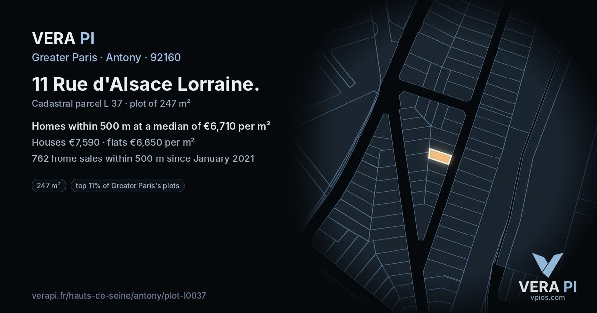 11 Rue d'Alsace Lorraine, Antony at night – the plot lit, the parcels around coloured by the prices near them