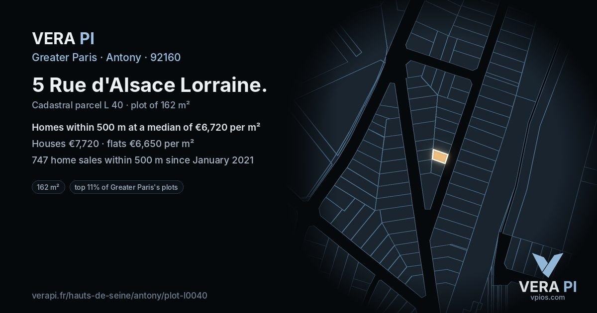 5 Rue d'Alsace Lorraine, Antony at night – the plot lit, the parcels around coloured by the prices near them