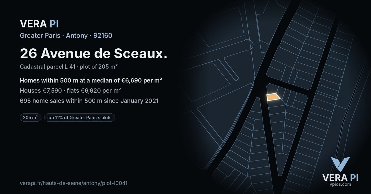 26 Avenue de Sceaux, Antony at night – the plot lit, the parcels around coloured by the prices near them