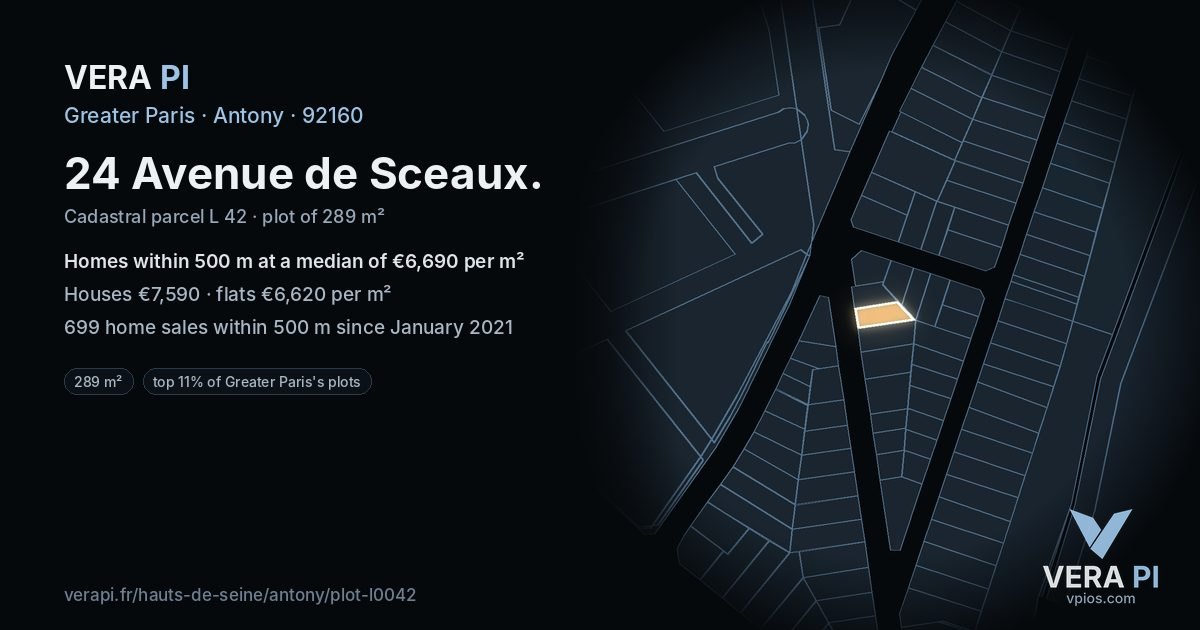 24 Avenue de Sceaux, Antony at night – the plot lit, the parcels around coloured by the prices near them
