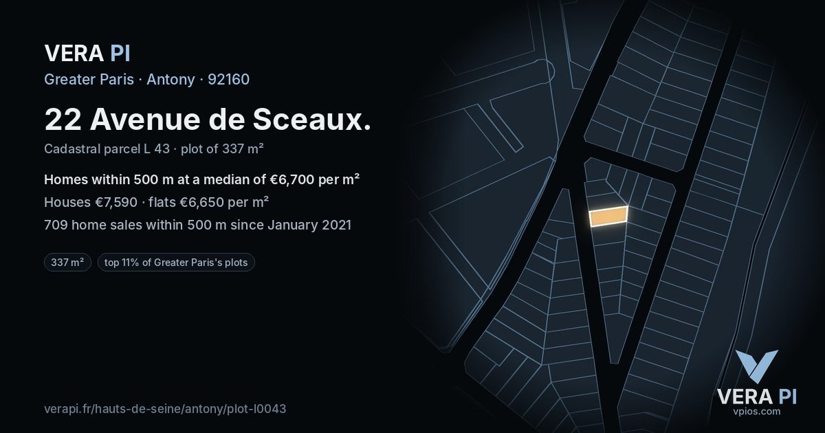 22 Avenue de Sceaux, Antony at night – the plot lit, the parcels around coloured by the prices near them