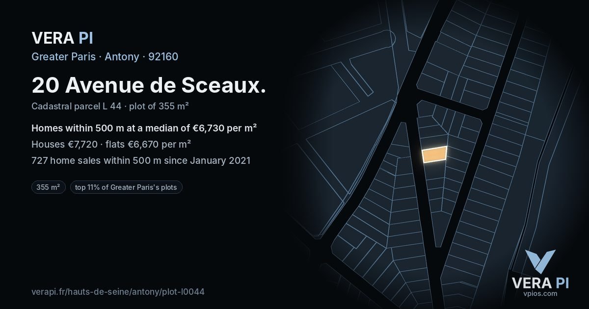 20 Avenue de Sceaux, Antony at night – the plot lit, the parcels around coloured by the prices near them