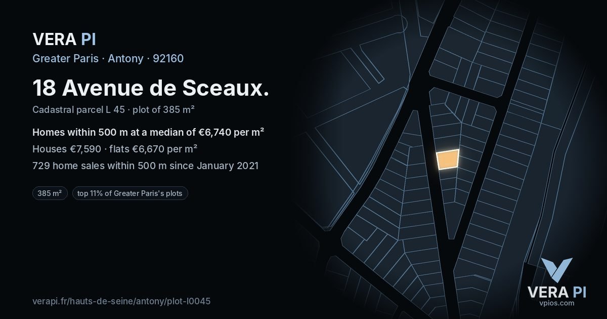 18 Avenue de Sceaux, Antony at night – the plot lit, the parcels around coloured by the prices near them