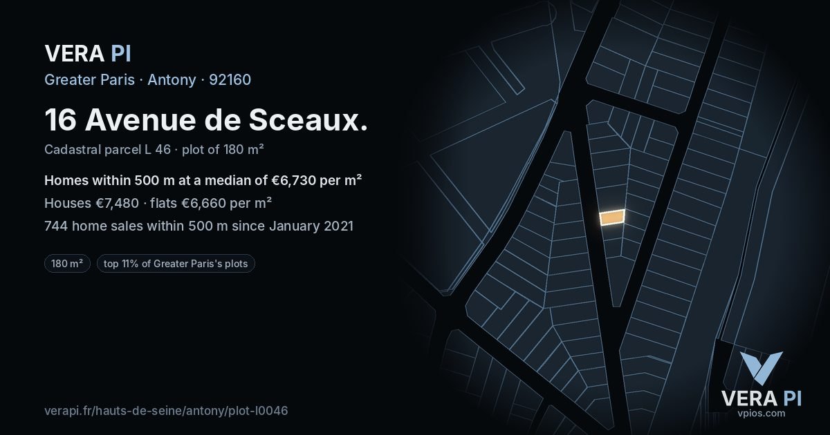 16 Avenue de Sceaux, Antony at night – the plot lit, the parcels around coloured by the prices near them