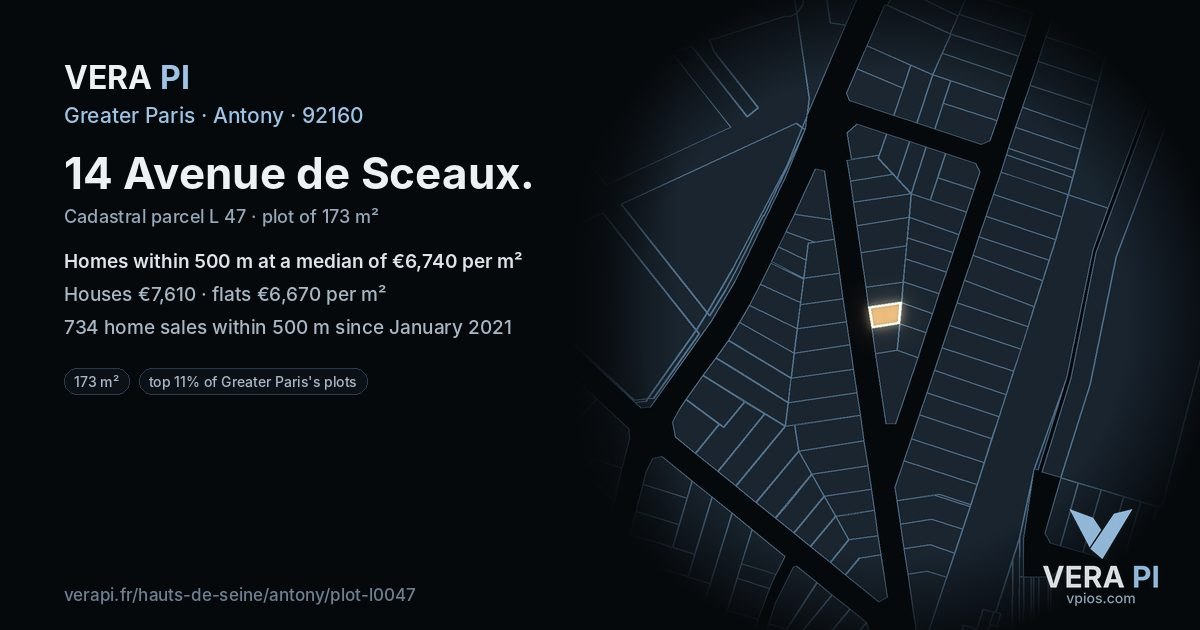 14 Avenue de Sceaux, Antony at night – the plot lit, the parcels around coloured by the prices near them