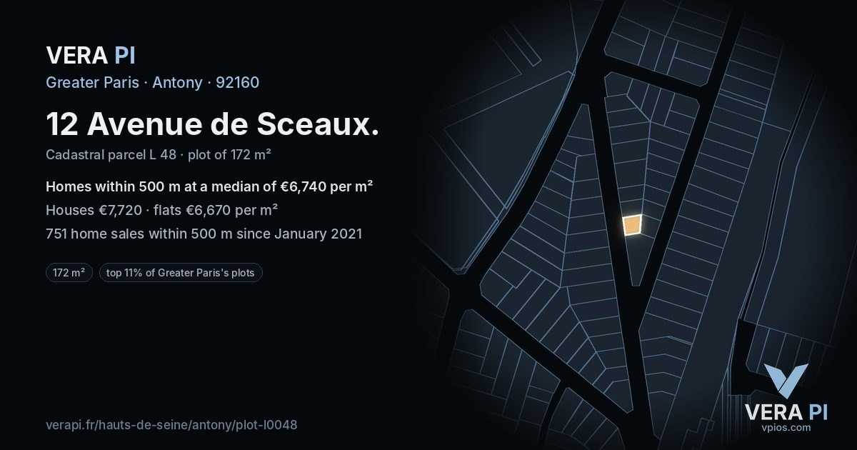 12 Avenue de Sceaux, Antony at night – the plot lit, the parcels around coloured by the prices near them