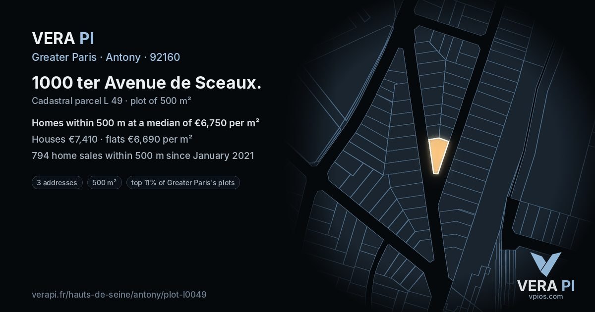 1000 ter Avenue de Sceaux, Antony at night – the plot lit, the parcels around coloured by the prices near them