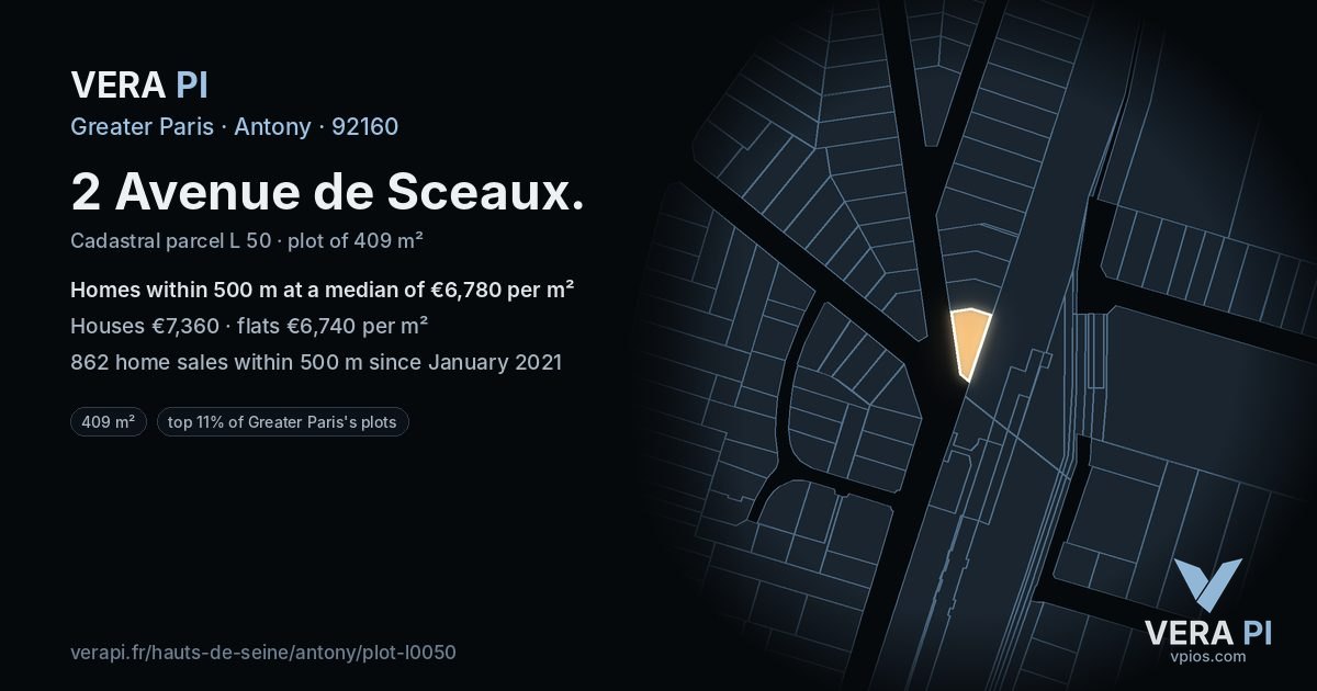 2 Avenue de Sceaux, Antony at night – the plot lit, the parcels around coloured by the prices near them