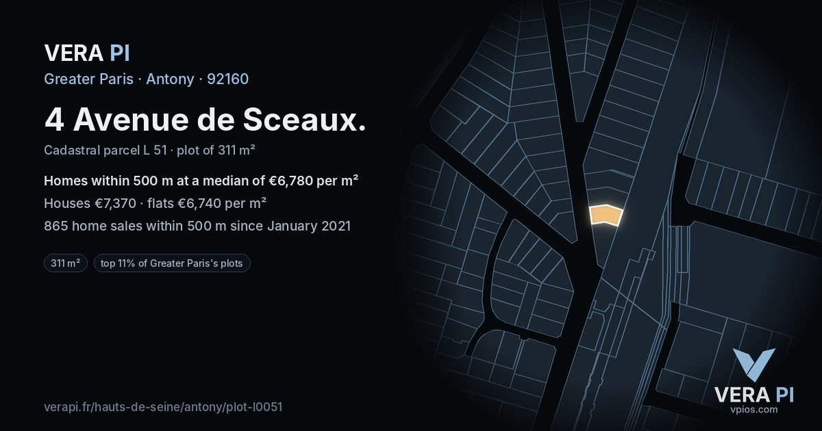 4 Avenue de Sceaux, Antony at night – the plot lit, the parcels around coloured by the prices near them