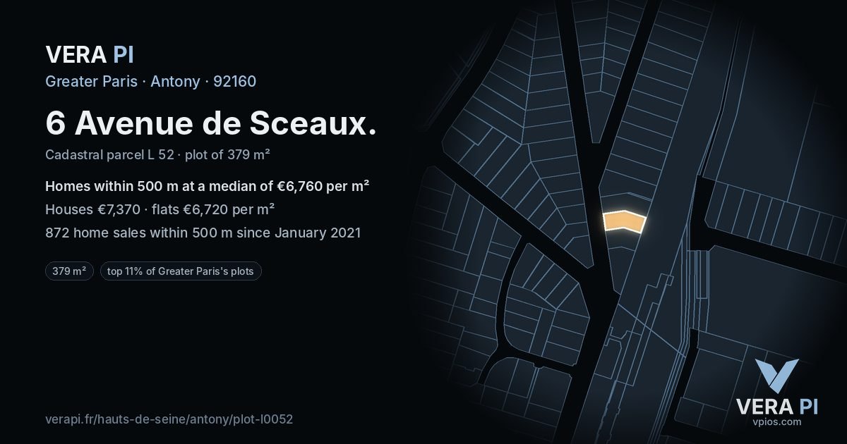 6 Avenue de Sceaux, Antony at night – the plot lit, the parcels around coloured by the prices near them