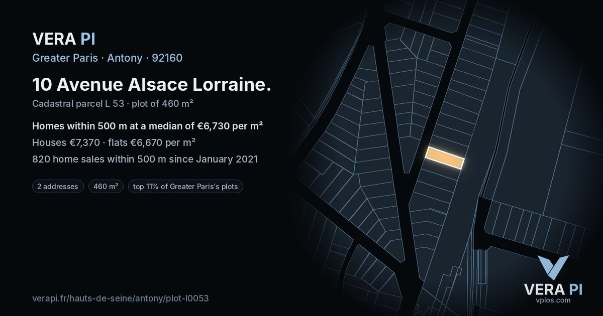10 Avenue Alsace Lorraine, Antony at night – the plot lit, the parcels around coloured by the prices near them