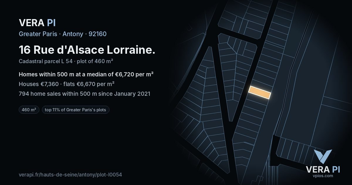 16 Rue d'Alsace Lorraine, Antony at night – the plot lit, the parcels around coloured by the prices near them