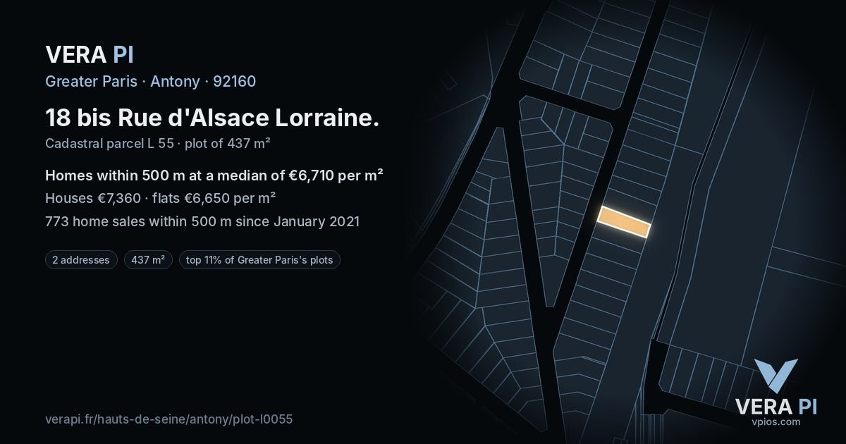 18 bis Rue d'Alsace Lorraine, Antony at night – the plot lit, the parcels around coloured by the prices near them