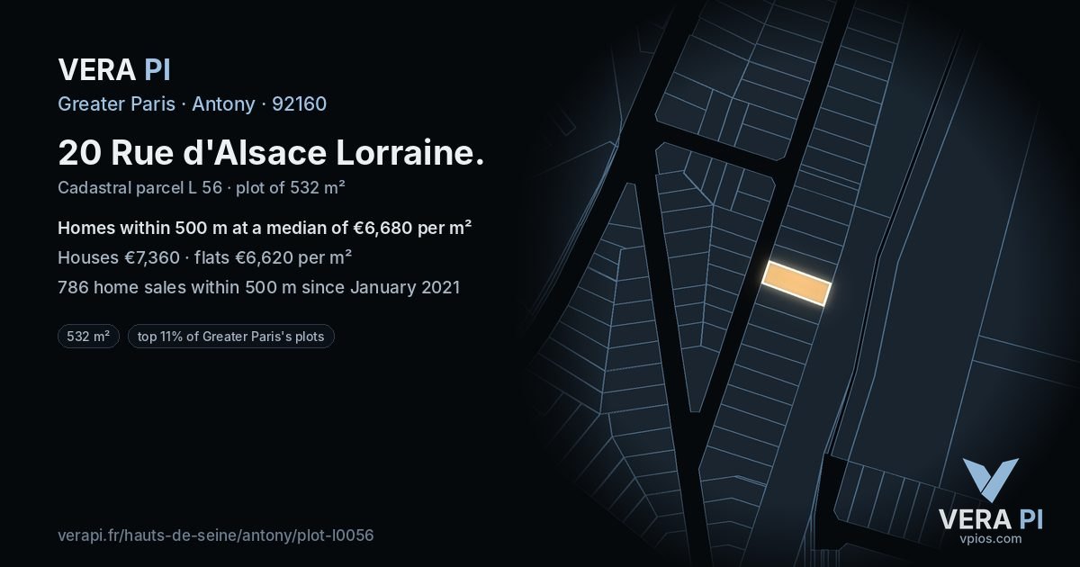 20 Rue d'Alsace Lorraine, Antony at night – the plot lit, the parcels around coloured by the prices near them