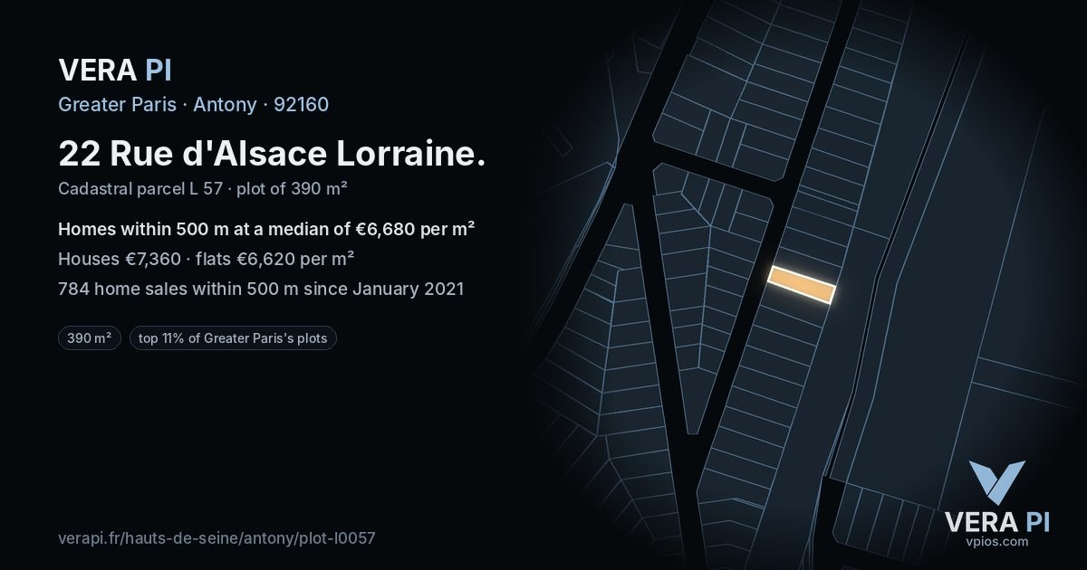 22 Rue d'Alsace Lorraine, Antony at night – the plot lit, the parcels around coloured by the prices near them