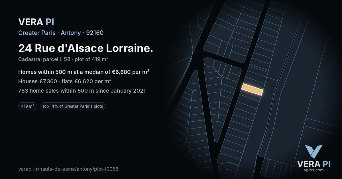 24 Rue d'Alsace Lorraine, Antony at night – the plot lit, the parcels around coloured by the prices near them
