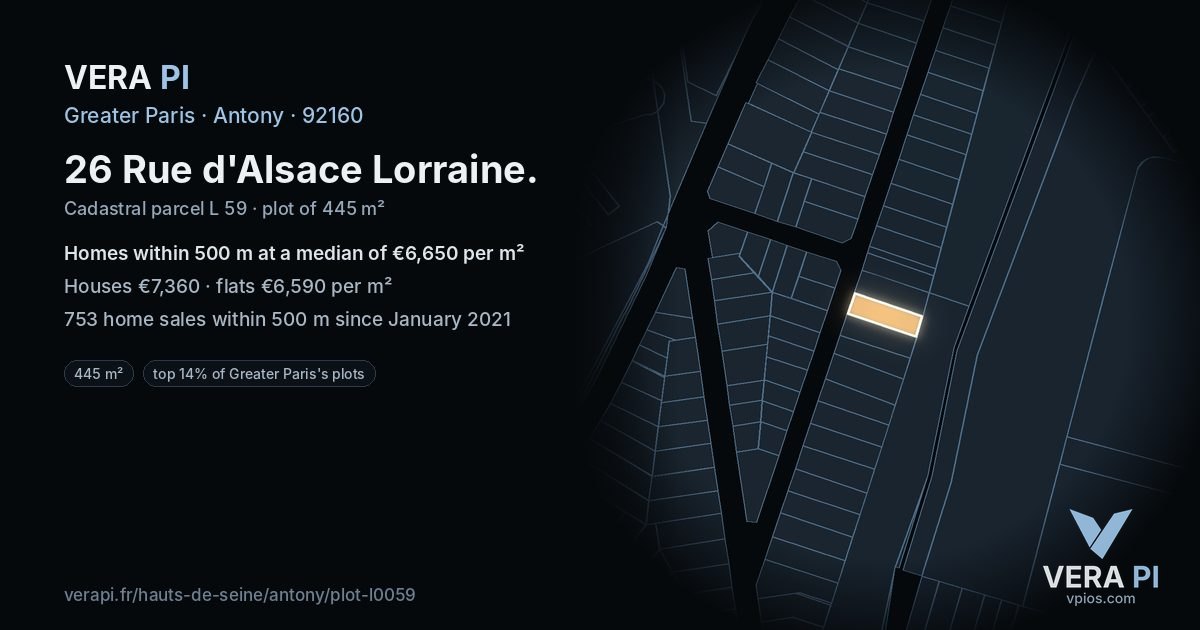26 Rue d'Alsace Lorraine, Antony at night – the plot lit, the parcels around coloured by the prices near them