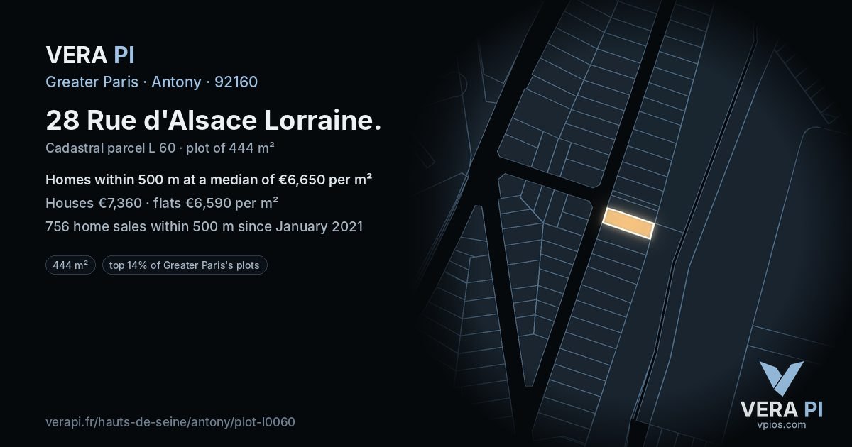 28 Rue d'Alsace Lorraine, Antony at night – the plot lit, the parcels around coloured by the prices near them