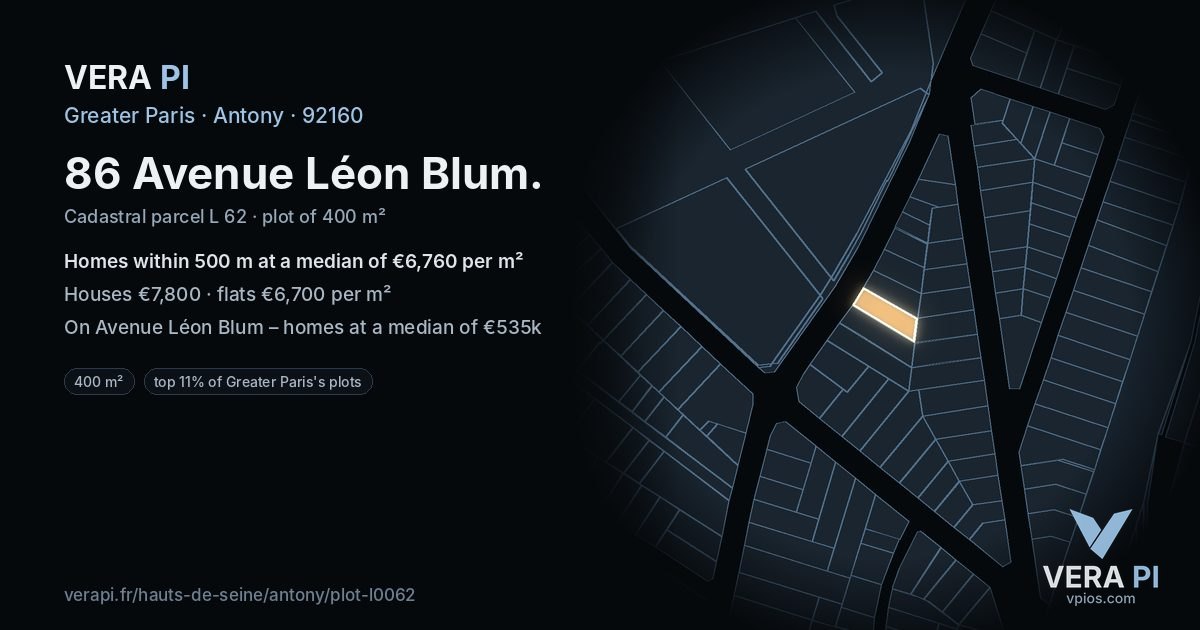 86 Avenue Léon Blum, Antony at night – the plot lit, the parcels around coloured by the prices near them