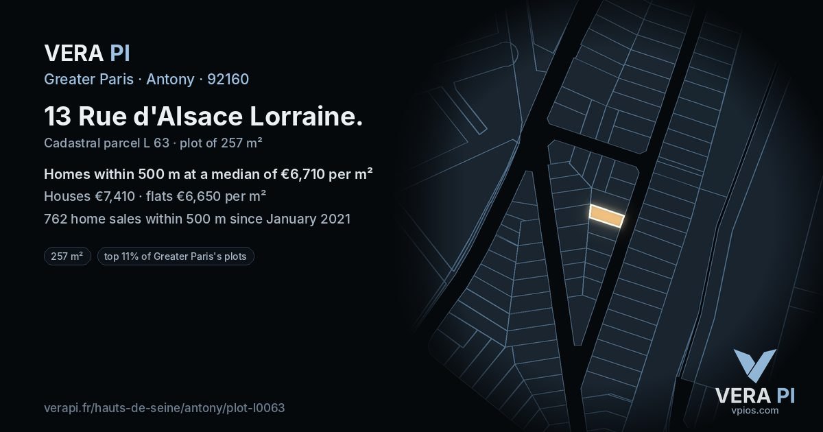 13 Rue d'Alsace Lorraine, Antony at night – the plot lit, the parcels around coloured by the prices near them