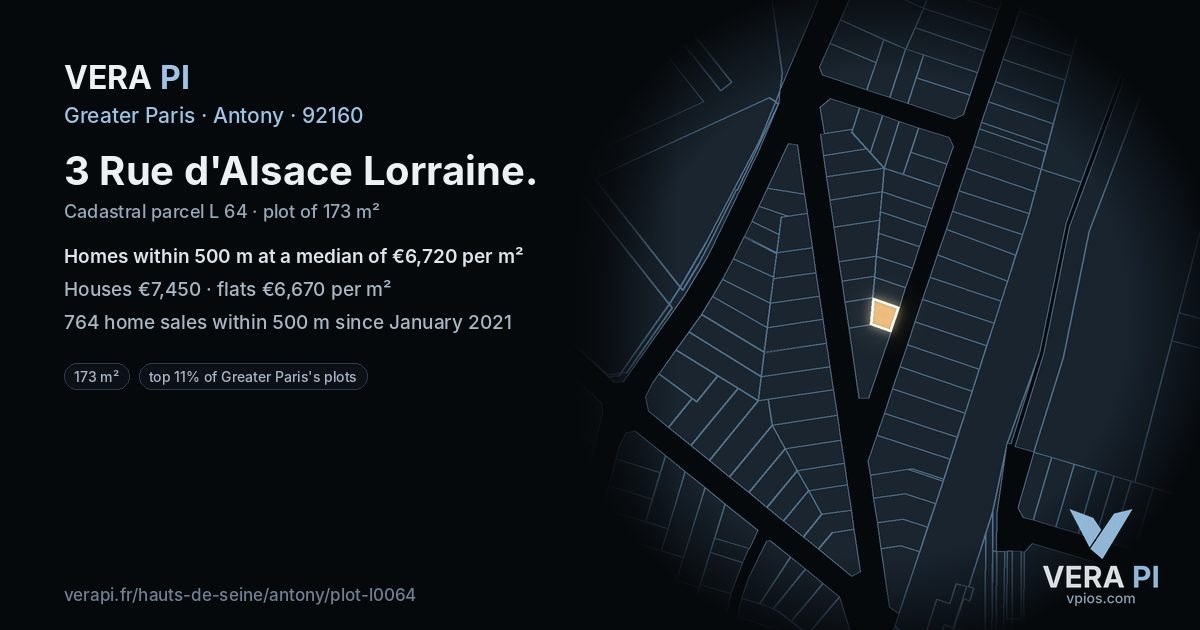 3 Rue d'Alsace Lorraine, Antony at night – the plot lit, the parcels around coloured by the prices near them