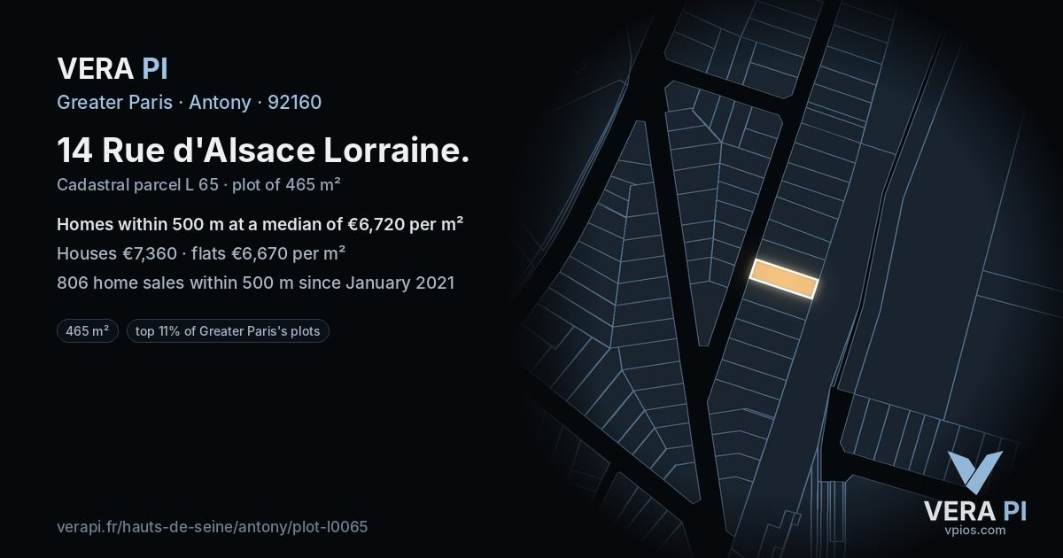 14 Rue d'Alsace Lorraine, Antony at night – the plot lit, the parcels around coloured by the prices near them