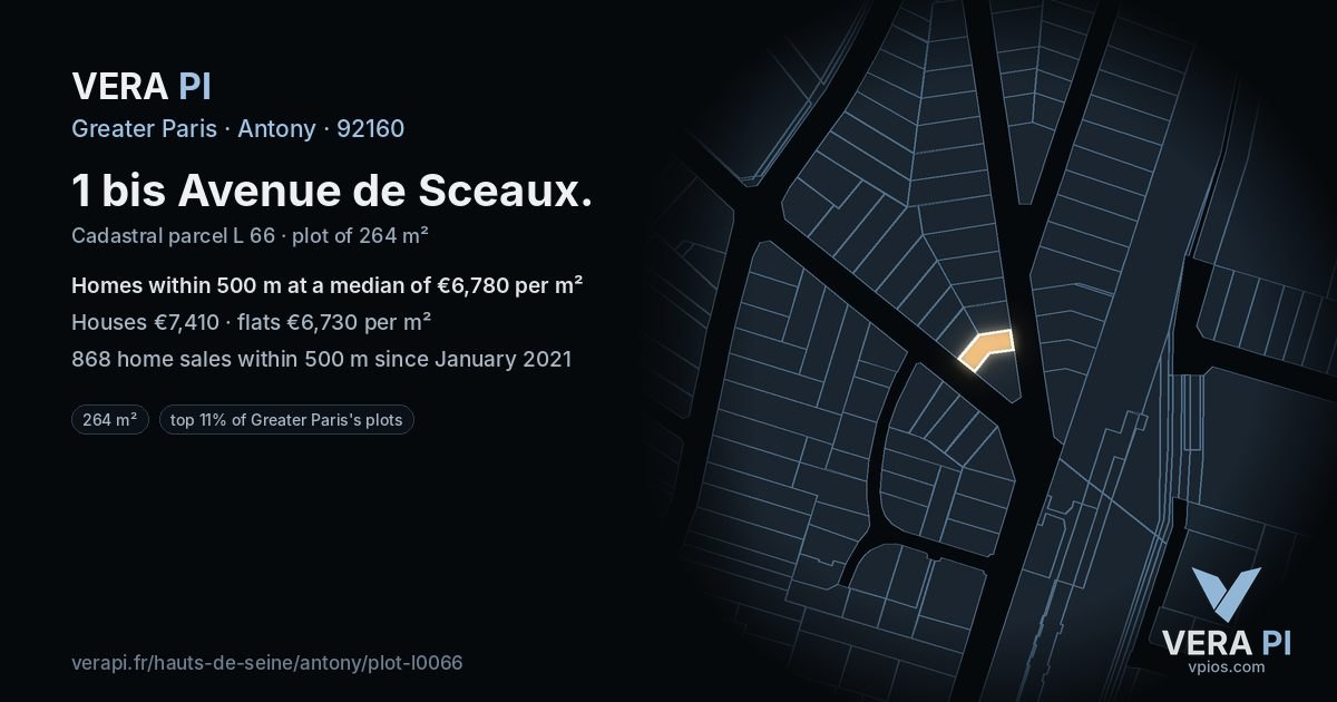 1 bis Avenue de Sceaux, Antony at night – the plot lit, the parcels around coloured by the prices near them