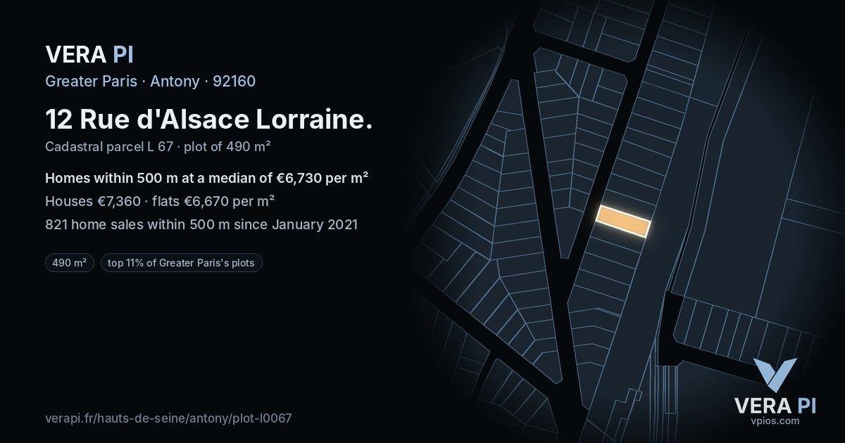 12 Rue d'Alsace Lorraine, Antony at night – the plot lit, the parcels around coloured by the prices near them