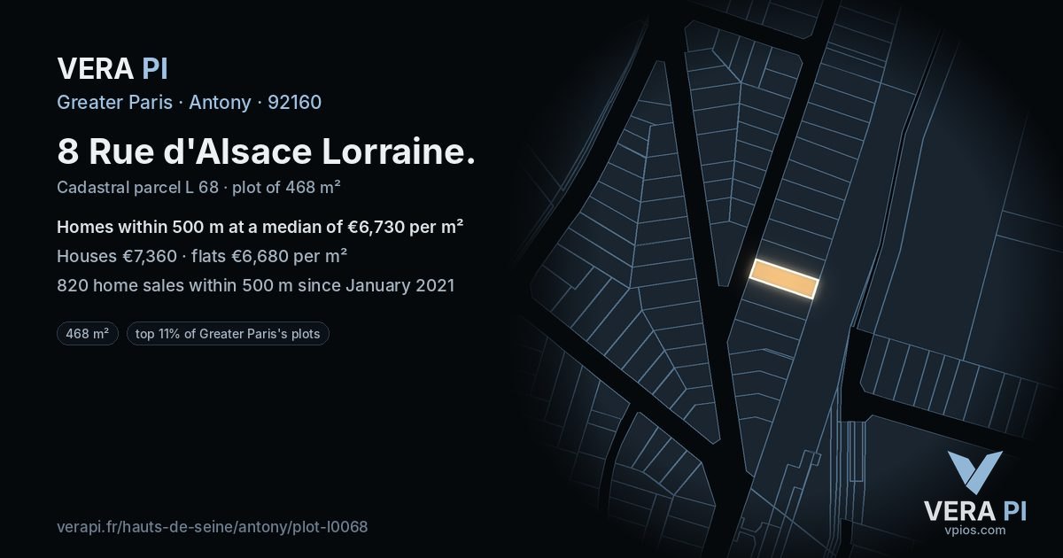 8 Rue d'Alsace Lorraine, Antony at night – the plot lit, the parcels around coloured by the prices near them