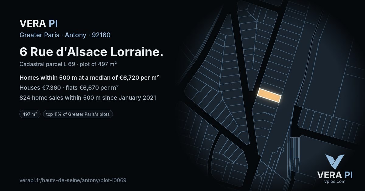 6 Rue d'Alsace Lorraine, Antony at night – the plot lit, the parcels around coloured by the prices near them