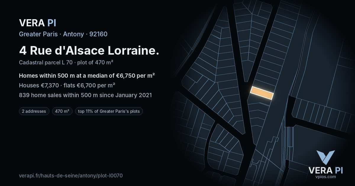 4 Rue d'Alsace Lorraine, Antony at night – the plot lit, the parcels around coloured by the prices near them