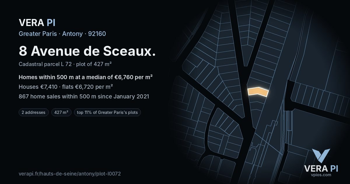 8 Avenue de Sceaux, Antony at night – the plot lit, the parcels around coloured by the prices near them