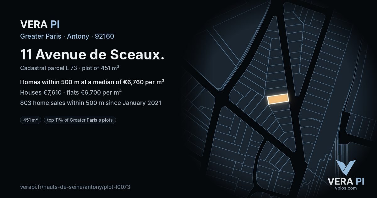 11 Avenue de Sceaux, Antony at night – the plot lit, the parcels around coloured by the prices near them