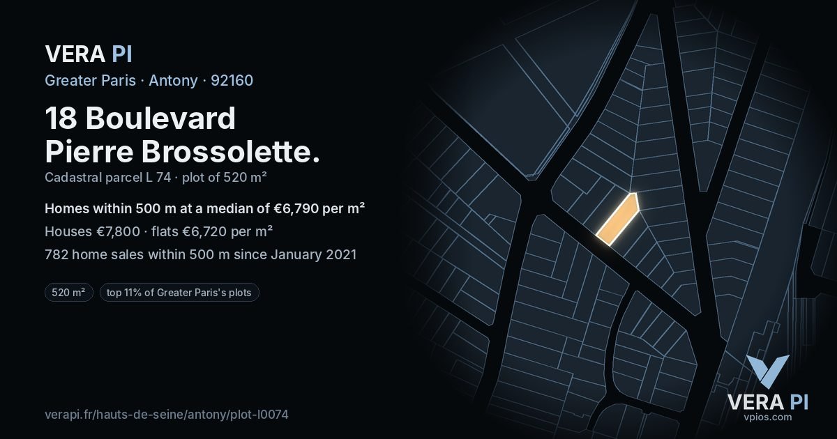 18 Boulevard Pierre Brossolette, Antony at night – the plot lit, the parcels around coloured by the prices near them