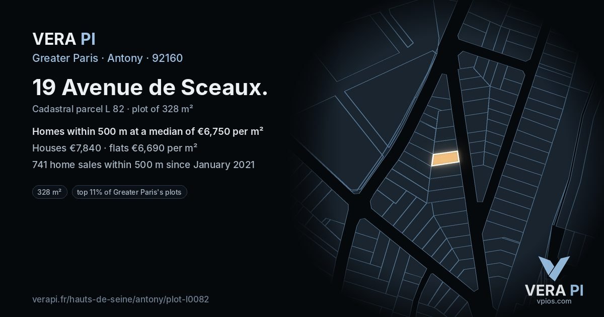 19 Avenue de Sceaux, Antony at night – the plot lit, the parcels around coloured by the prices near them