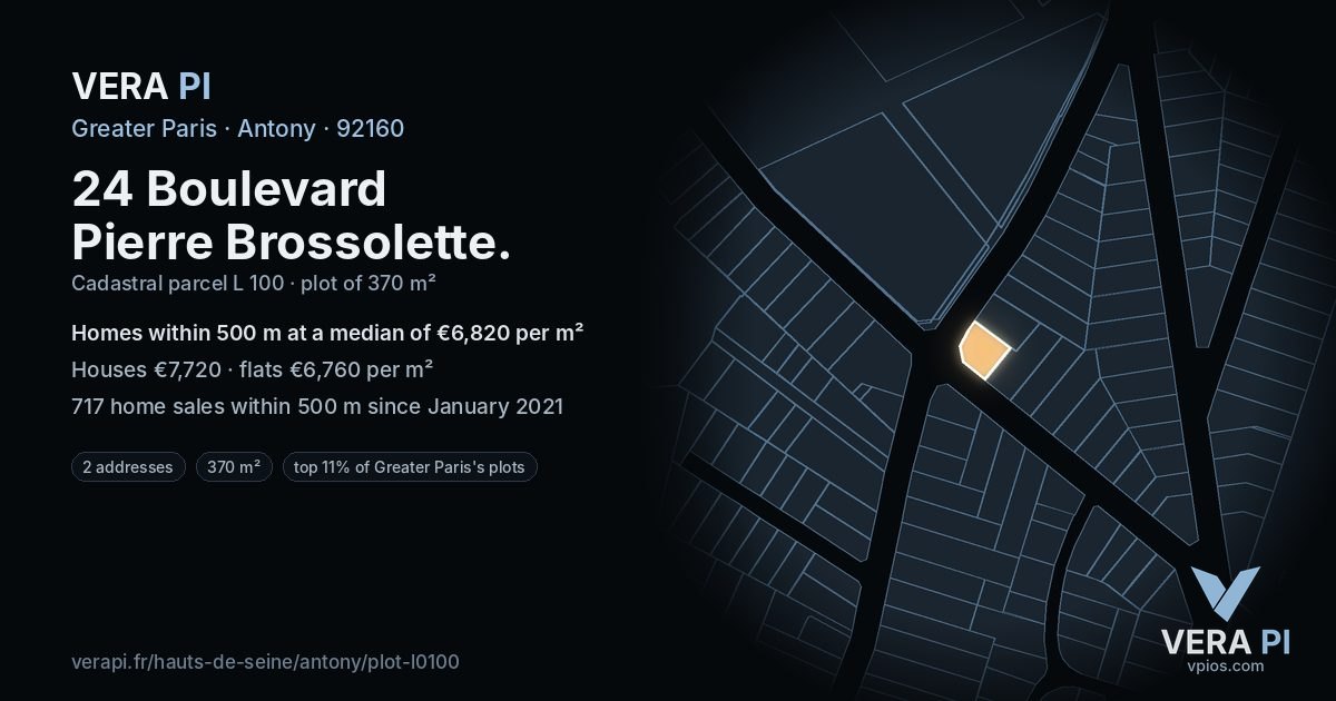 24 Boulevard Pierre Brossolette, Antony at night – the plot lit, the parcels around coloured by the prices near them