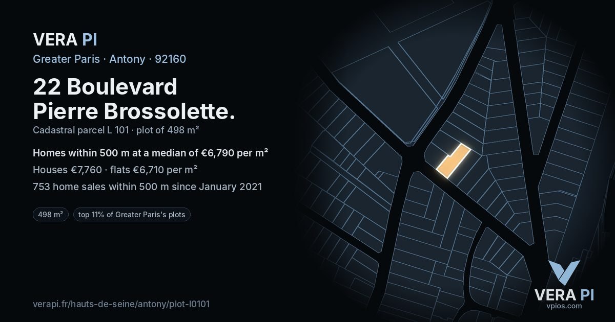 22 Boulevard Pierre Brossolette, Antony at night – the plot lit, the parcels around coloured by the prices near them