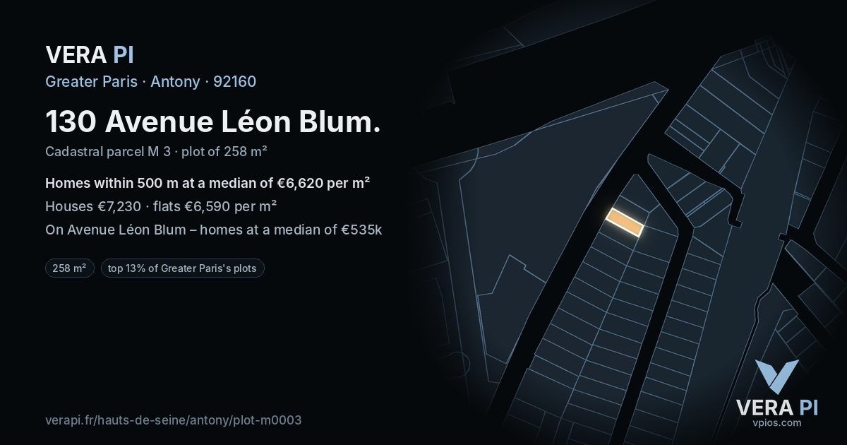130 Avenue Léon Blum, Antony at night – the plot lit, the parcels around coloured by the prices near them
