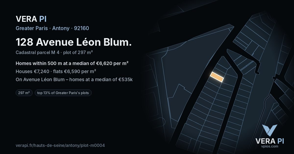 128 Avenue Léon Blum, Antony at night – the plot lit, the parcels around coloured by the prices near them