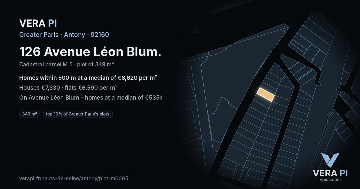 126 Avenue Léon Blum, Antony at night – the plot lit, the parcels around coloured by the prices near them