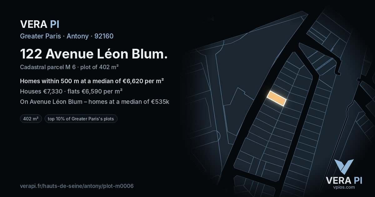 122 Avenue Léon Blum, Antony at night – the plot lit, the parcels around coloured by the prices near them