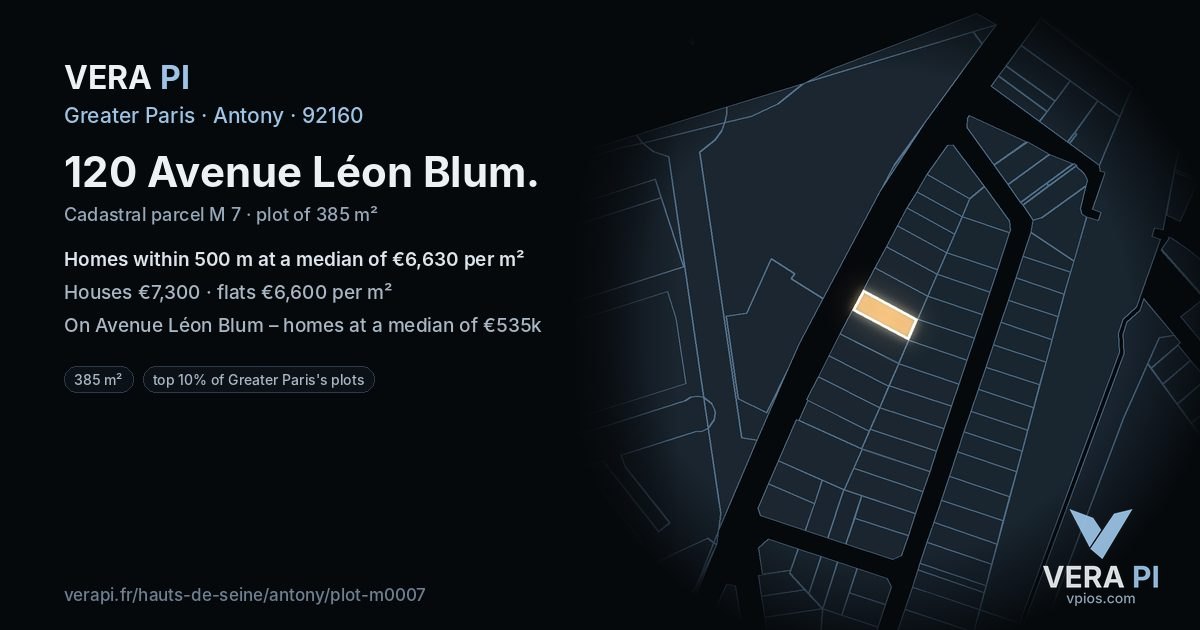 120 Avenue Léon Blum, Antony at night – the plot lit, the parcels around coloured by the prices near them