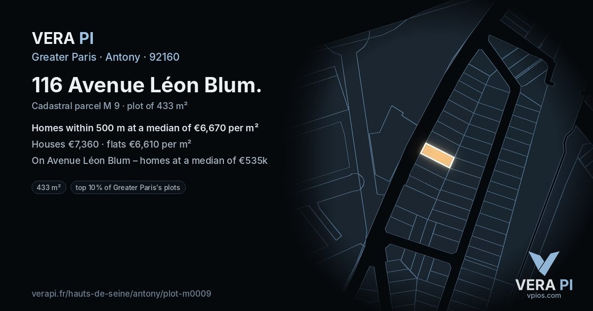 116 Avenue Léon Blum, Antony at night – the plot lit, the parcels around coloured by the prices near them