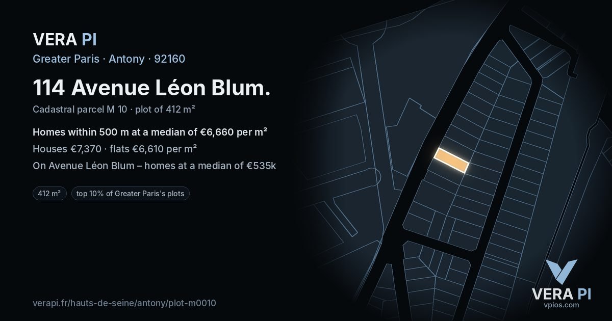 114 Avenue Léon Blum, Antony at night – the plot lit, the parcels around coloured by the prices near them