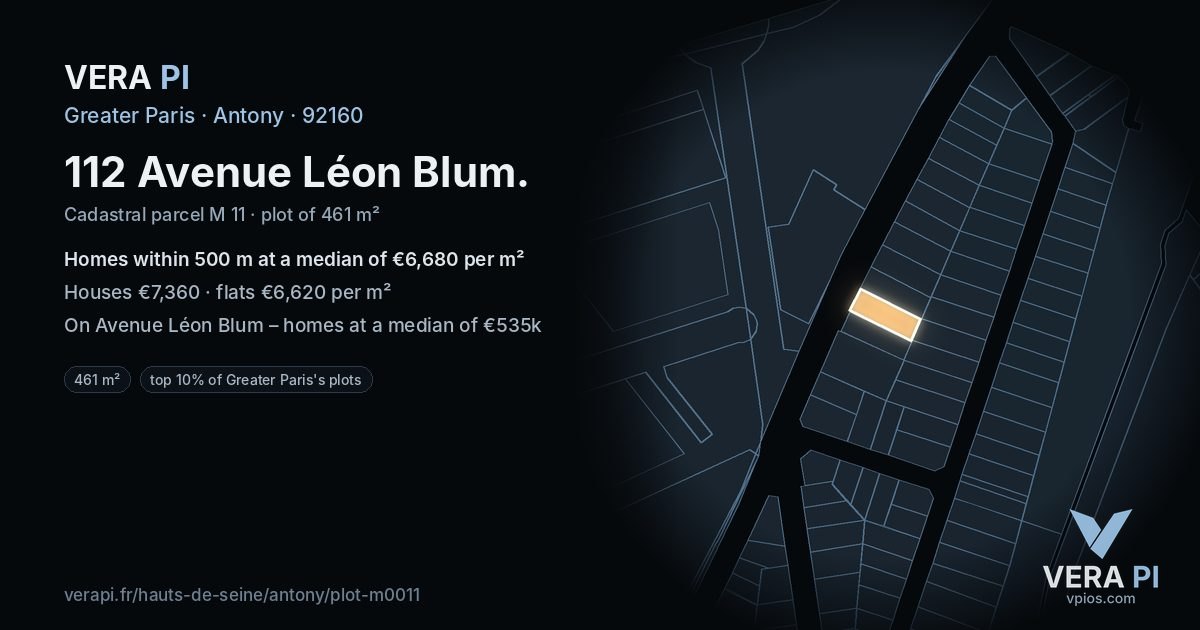 112 Avenue Léon Blum, Antony at night – the plot lit, the parcels around coloured by the prices near them